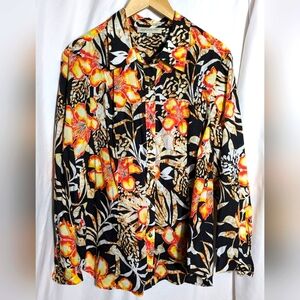 Jones New York Flower Print Cotton Long‎ Sleeve Blouse| Size 2X